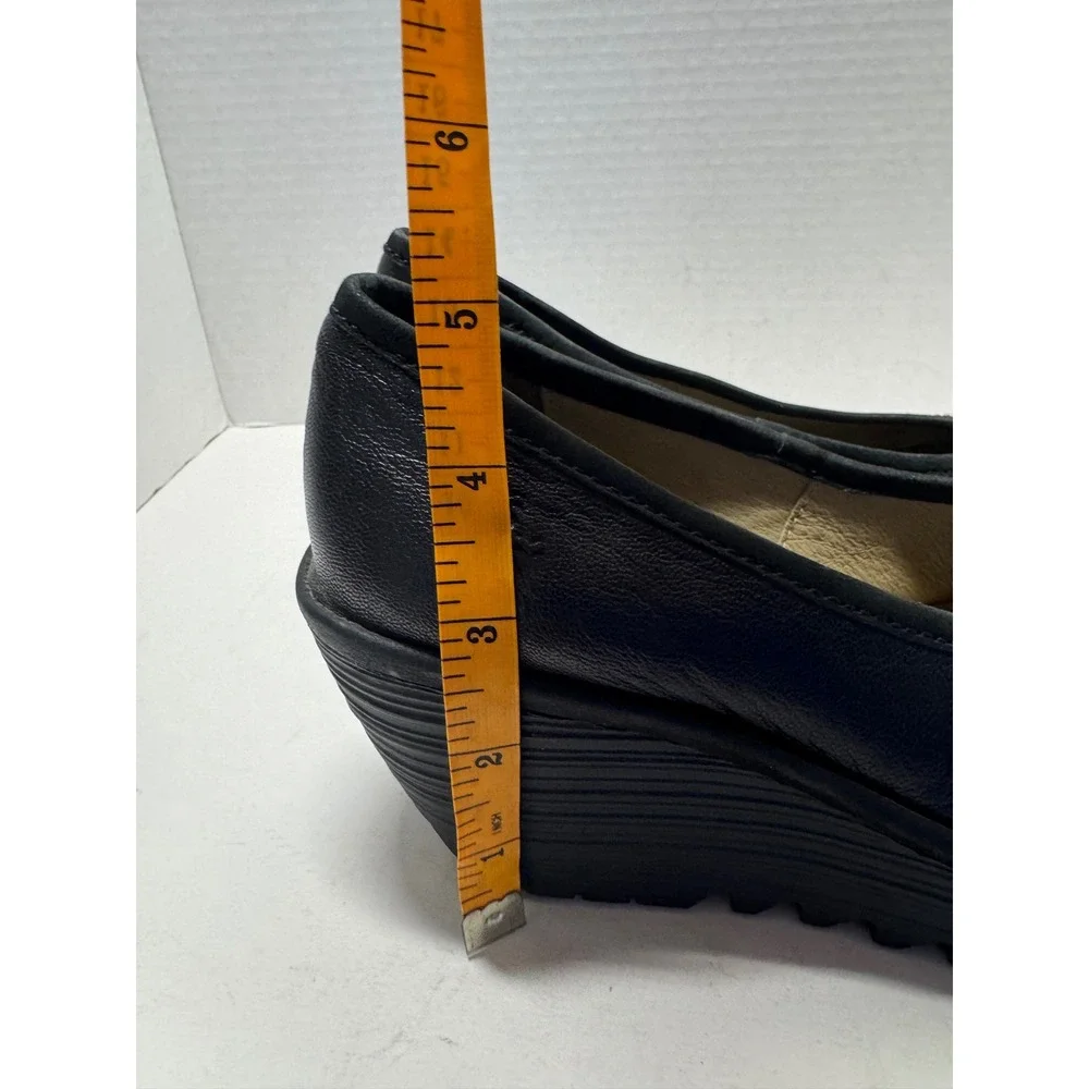 Fly London YAZ Black Leather Wedge Pumps Platform Shoes Size 37 6.5